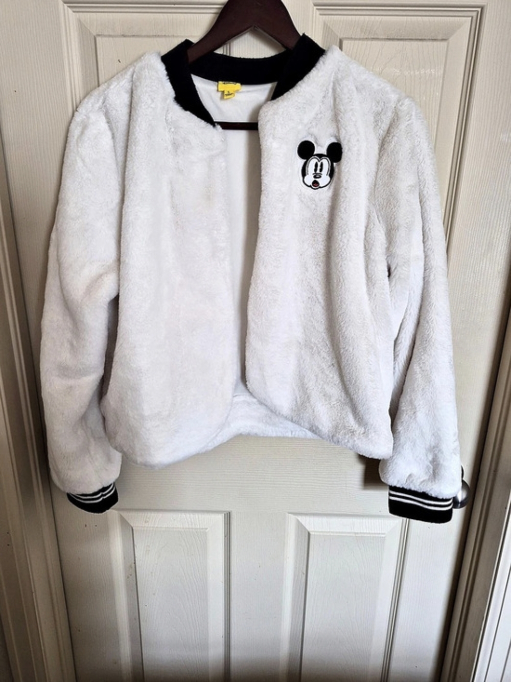 Size L Disney Mickey Mouse White Faux Fur Bomber Jacket & Black Faux Fur